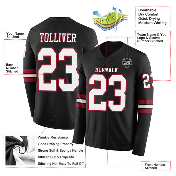 Custom Black White-Cardinal Long Sleeve Authentic Football Jersey alternate