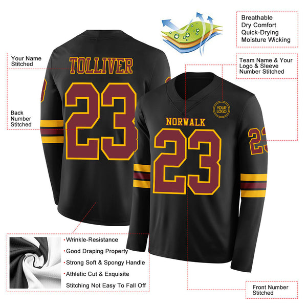 Custom Black Cardinal-Gold Long Sleeve Authentic Football Jersey alternate