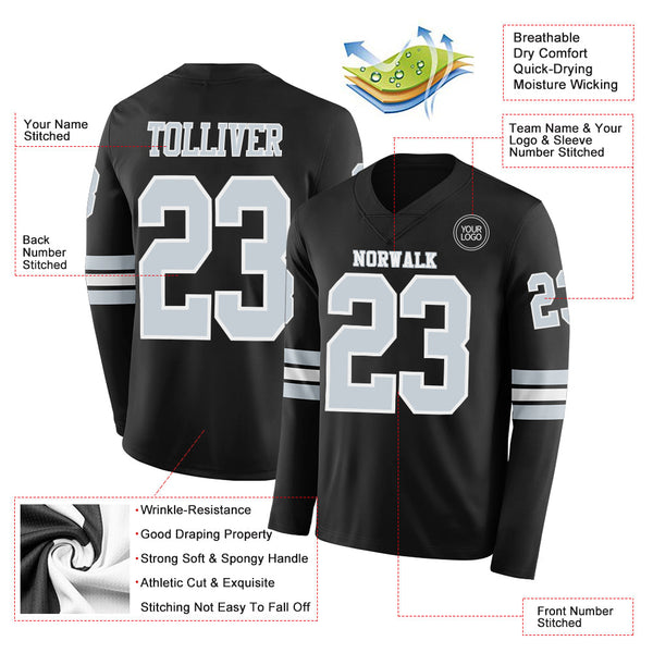 Custom Black Silver-White Long Sleeve Authentic Football Jersey alternate