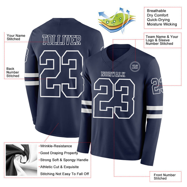 Custom Navy White Long Sleeve Authentic Football Jersey alternate