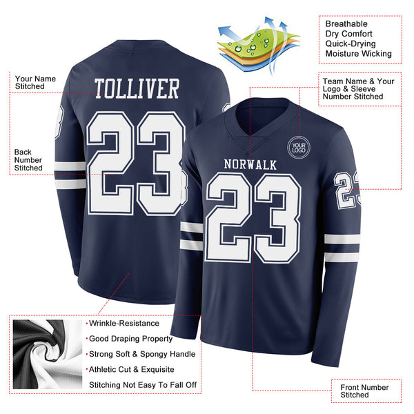 Custom Navy White Long Sleeve Authentic Football Jersey alternate