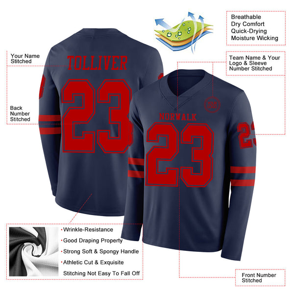 Custom Navy Red Long Sleeve Authentic Football Jersey alternate