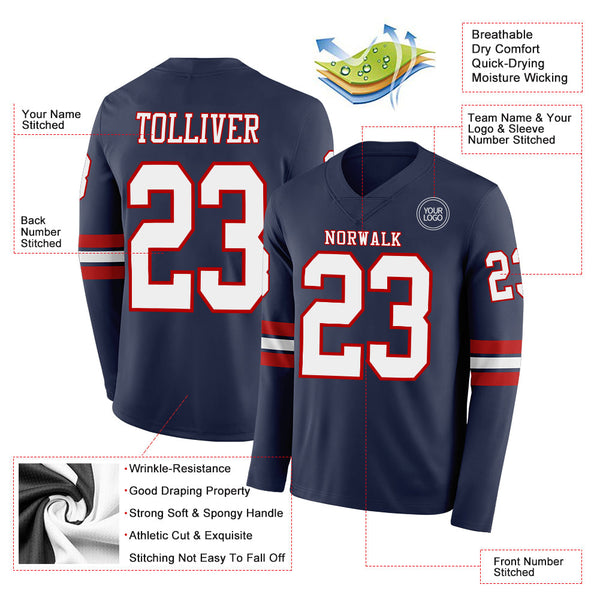Custom Navy White-Red Long Sleeve Authentic Football Jersey alternate