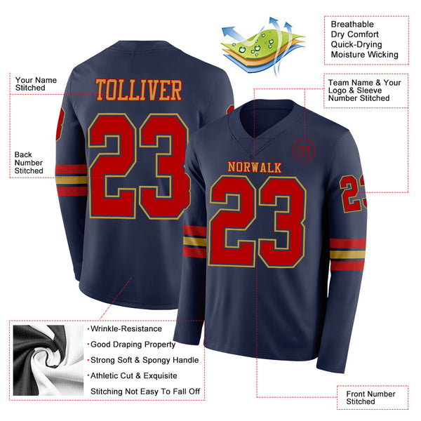Custom Navy Red-Old Gold Long Sleeve Authentic Football Jersey alternate