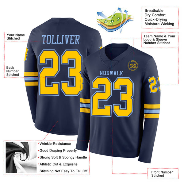 Custom Navy Yellow-Light Blue Long Sleeve Authentic Football Jersey alternate
