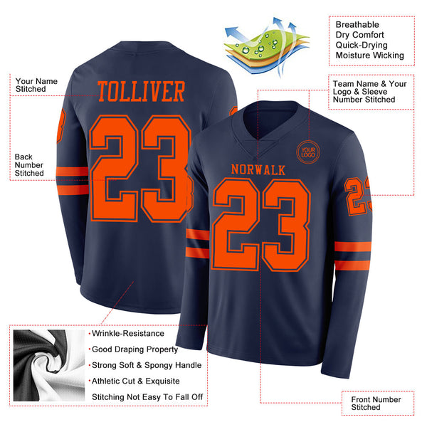 Custom Navy Orange Long Sleeve Authentic Football Jersey alternate