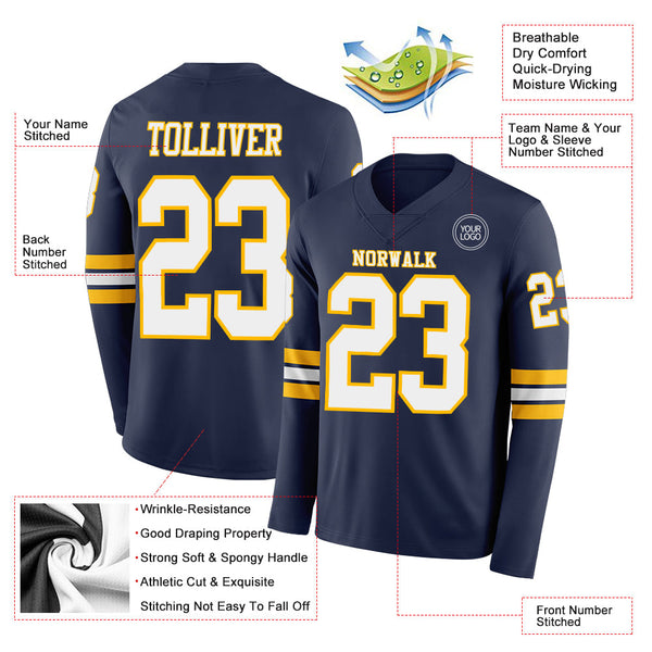 Custom Navy White-Gold Long Sleeve Authentic Football Jersey alternate