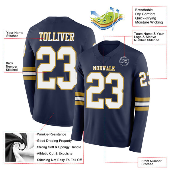 Custom Navy White-Old Gold Long Sleeve Authentic Football Jersey alternate