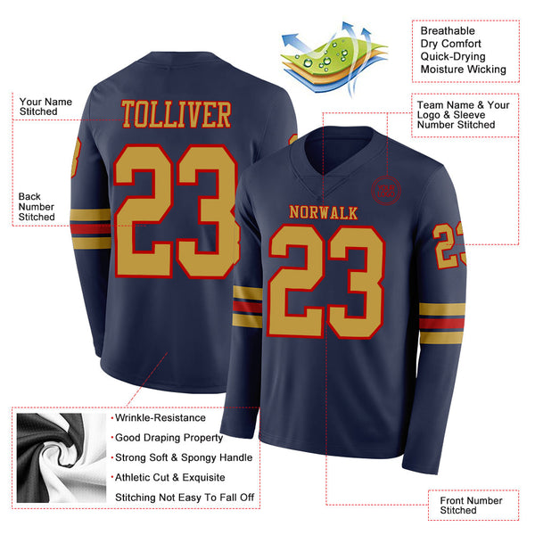 Custom Navy Old Gold-Red Long Sleeve Authentic Football Jersey alternate