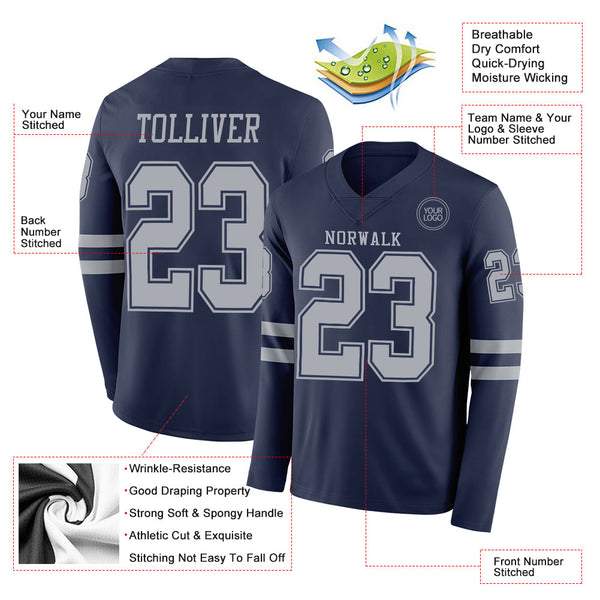 Custom Navy Gray Long Sleeve Authentic Football Jersey alternate