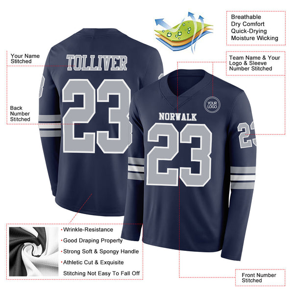 Custom Navy Gray-White Long Sleeve Authentic Football Jersey alternate