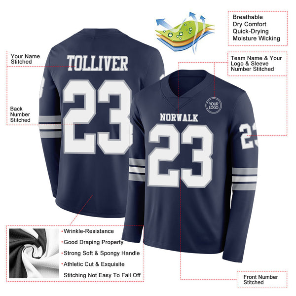 Custom Navy White-Gray Long Sleeve Authentic Football Jersey alternate