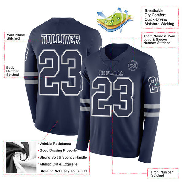 Custom Navy White-Gray Long Sleeve Authentic Football Jersey alternate