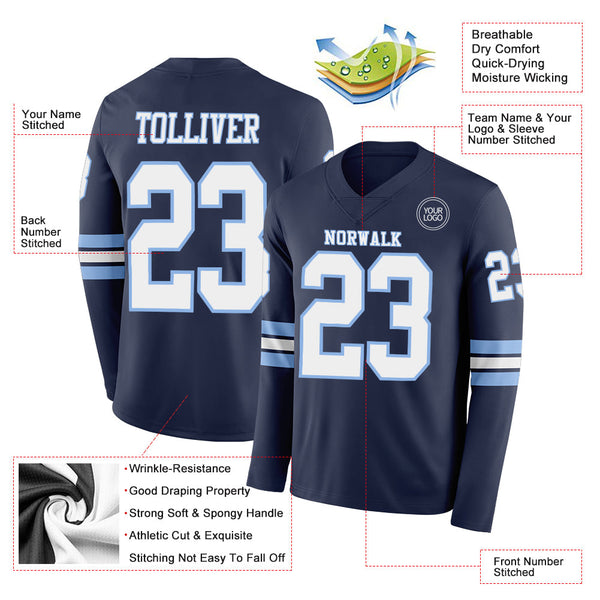 Custom Navy White-Light Blue Long Sleeve Authentic Football Jersey alternate