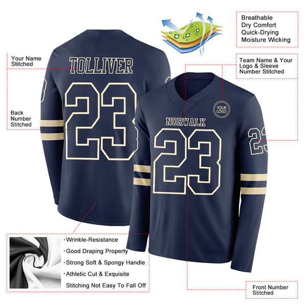 Custom Navy Cream Long Sleeve Authentic Football Jersey alternate