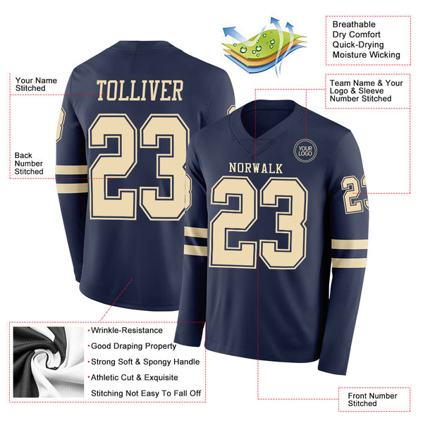 Custom Navy Cream Long Sleeve Authentic Football Jersey alternate