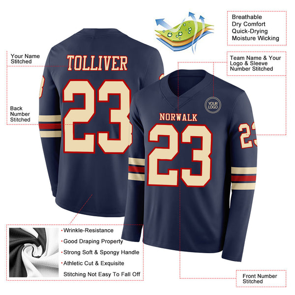 Custom Navy Cream-Red Long Sleeve Authentic Football Jersey alternate