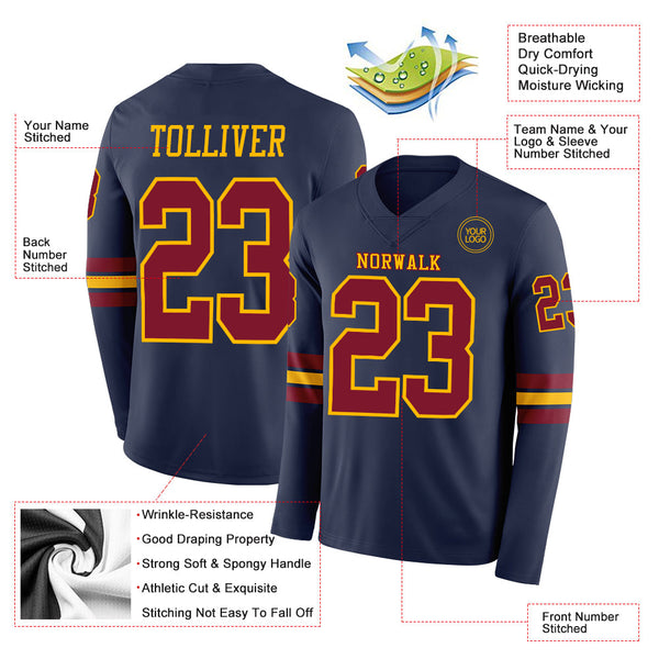 Custom Navy Crimson-Gold Long Sleeve Authentic Football Jersey alternate