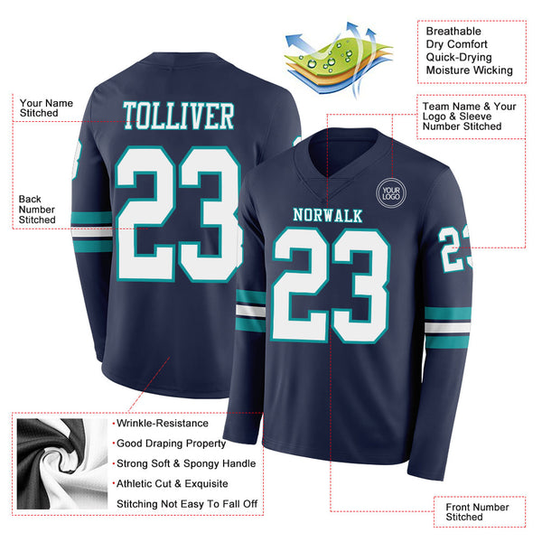 Custom Navy White-Teal Long Sleeve Authentic Football Jersey alternate