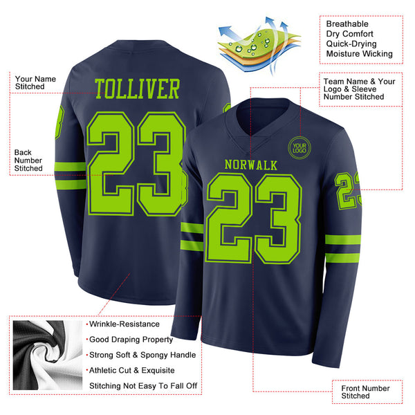 Custom Navy Neon Green Long Sleeve Authentic Football Jersey alternate