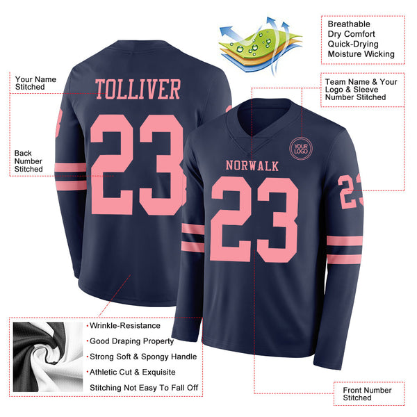 Custom Navy Medium Pink Long Sleeve Authentic Football Jersey alternate