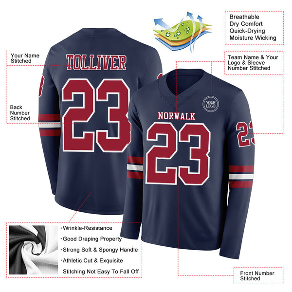 Custom Navy Cardinal-White Long Sleeve Authentic Football Jersey alternate