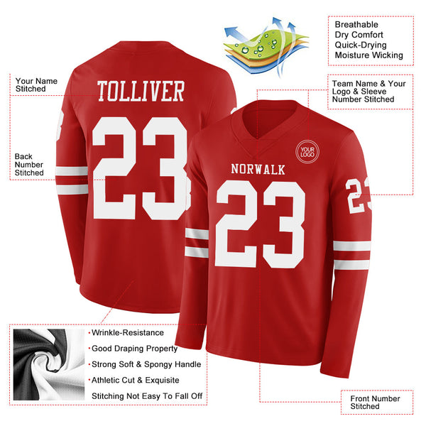 Custom Red White Long Sleeve Authentic Football Jersey alternate