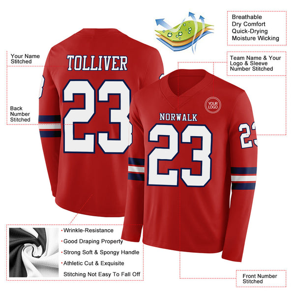 Custom Red White-Navy Long Sleeve Authentic Football Jersey alternate