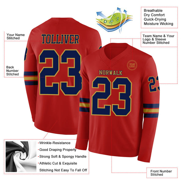 Custom Red Navy-Old Gold Long Sleeve Authentic Football Jersey alternate