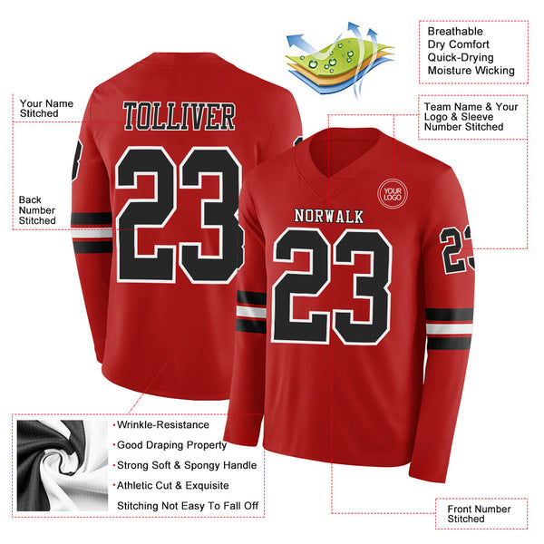 Custom Red Black-White Long Sleeve Authentic Football Jersey alternate