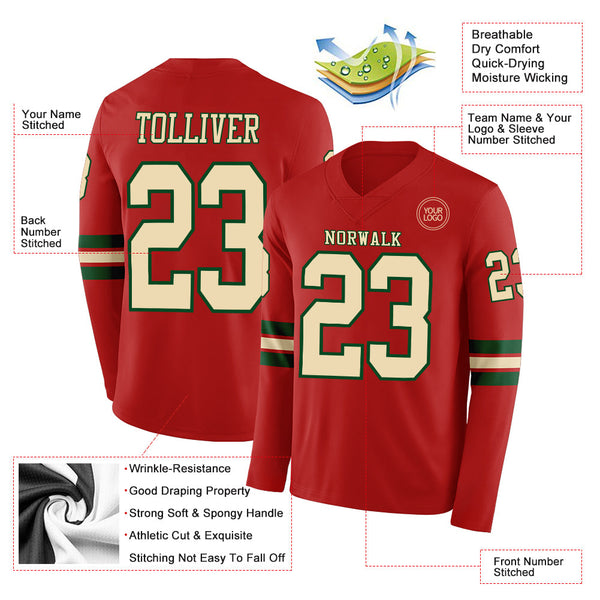 Custom Red Cream-Green Long Sleeve Authentic Football Jersey alternate