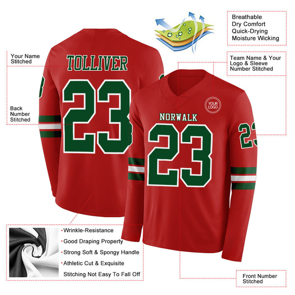 Custom Red Green-White Long Sleeve Authentic Football Jersey alternate