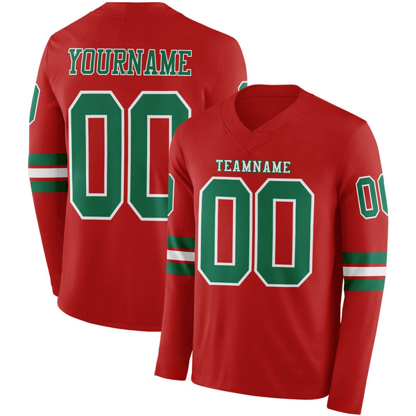 Custom Red Kelly Green-White Long Sleeve Authentic Football Jersey