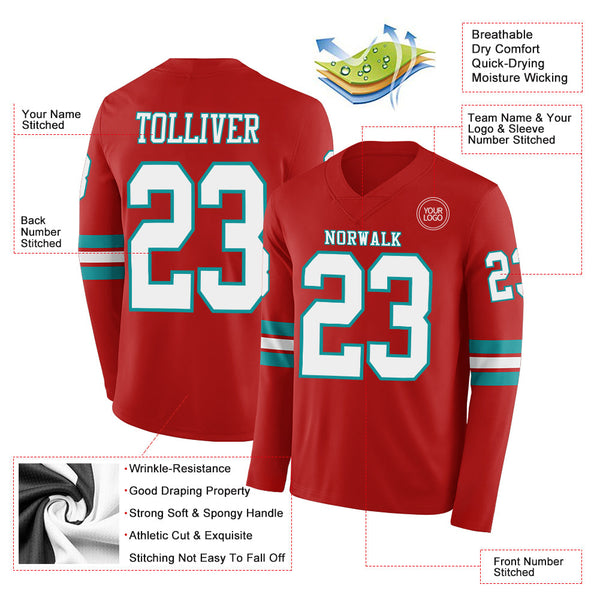 Custom Red White-Teal Long Sleeve Authentic Football Jersey alternate