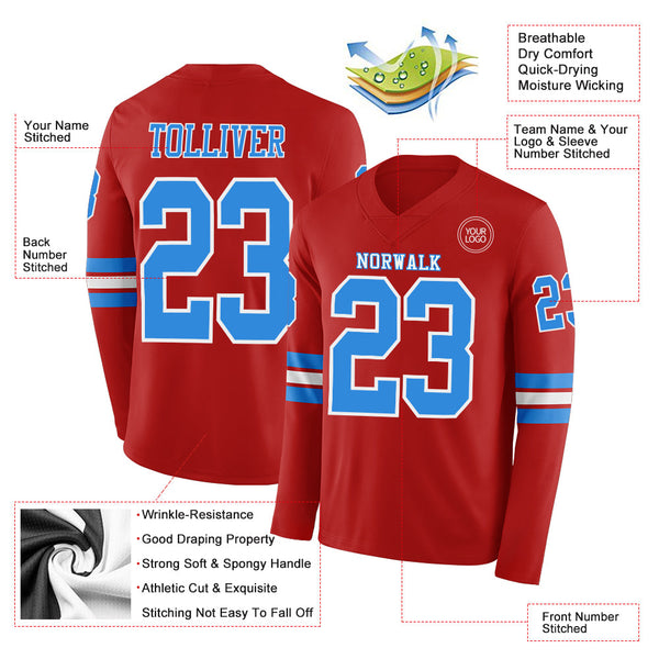 Custom Red Powder Blue-White Long Sleeve Authentic Football Jersey alternate