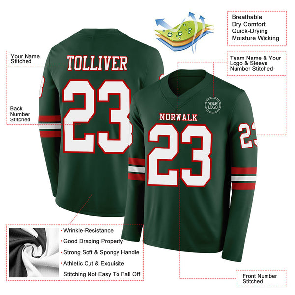 Custom Green White-Red Long Sleeve Authentic Football Jersey alternate