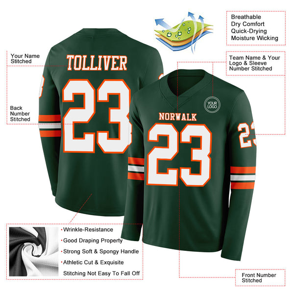 Custom Green White-Orange Long Sleeve Authentic Football Jersey alternate