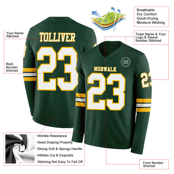 Custom Green White-Gold Long Sleeve Authentic Football Jersey alternate