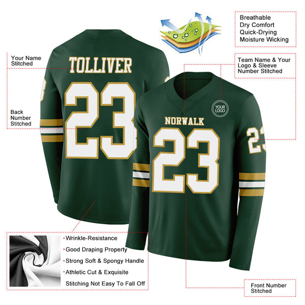 Custom Green White-Old Gold Long Sleeve Authentic Football Jersey alternate