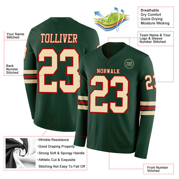 Custom Green Cream-Red Long Sleeve Authentic Football Jersey alternate