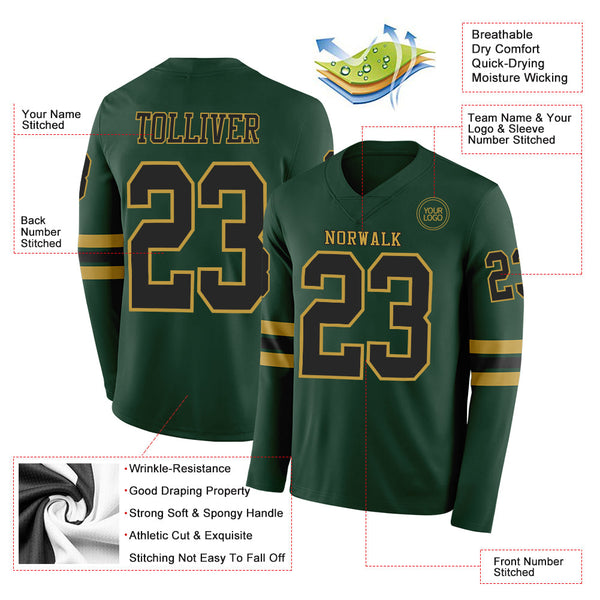 Custom Green Black-Old Gold Long Sleeve Authentic Football Jersey alternate