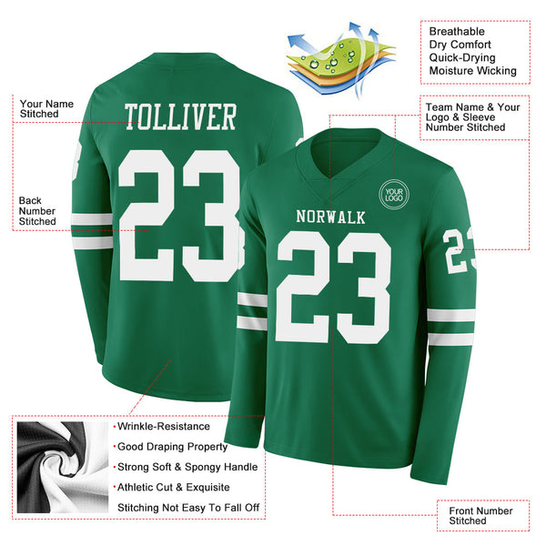 Custom Kelly Green White Long Sleeve Authentic Football Jersey alternate