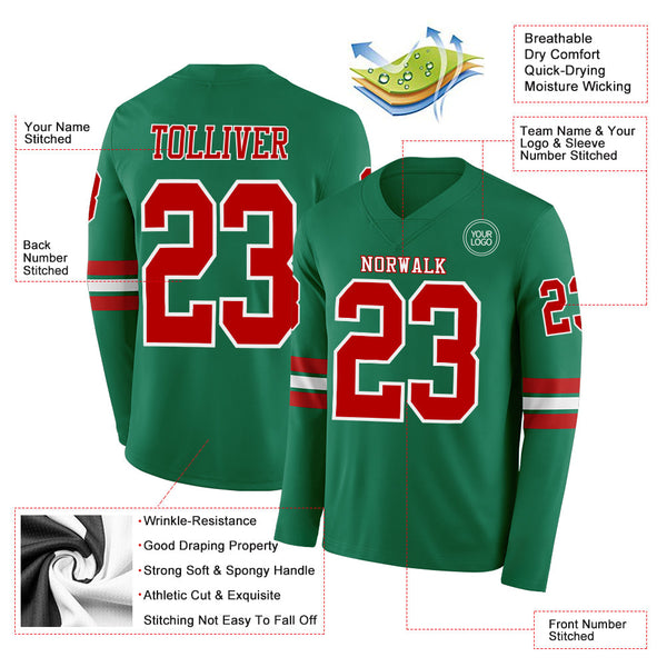 Custom Kelly Green Red-White Long Sleeve Authentic Football Jersey alternate