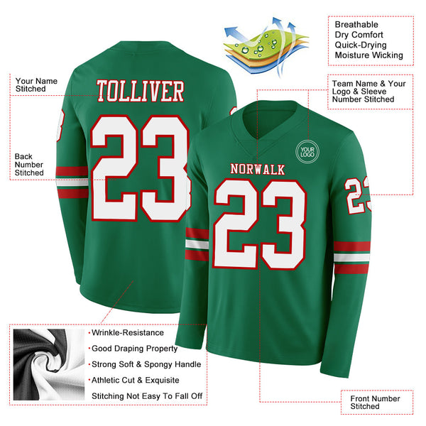 Custom Kelly Green White-Red Long Sleeve Authentic Football Jersey alternate