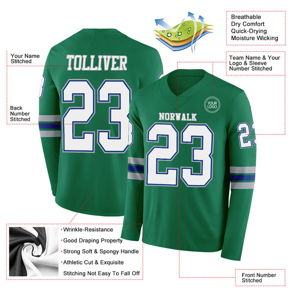 Custom Kelly Green White Royal-Gray Long Sleeve Authentic Football Jersey alternate
