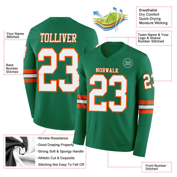 Custom Kelly Green White-Orange Long Sleeve Authentic Football Jersey alternate