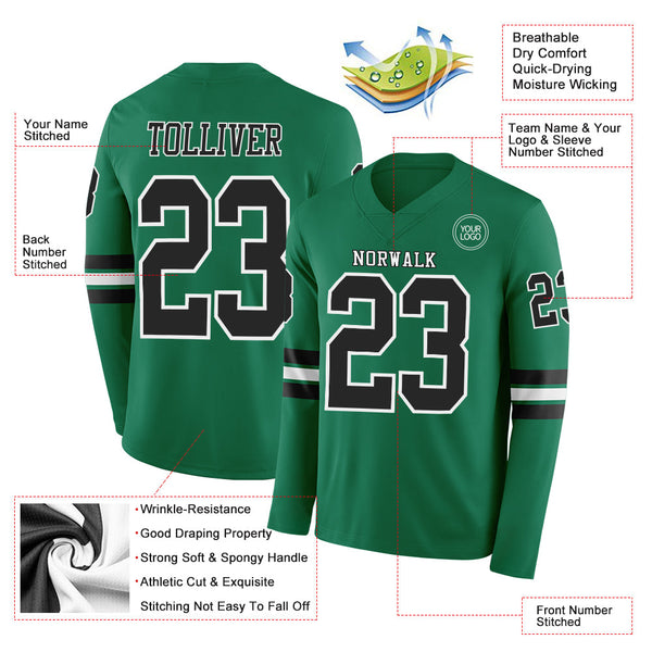 Custom Kelly Green Black-White Long Sleeve Authentic Football Jersey alternate