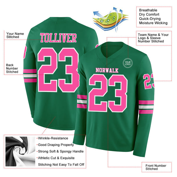 Custom Kelly Green Pink-White Long Sleeve Authentic Football Jersey alternate