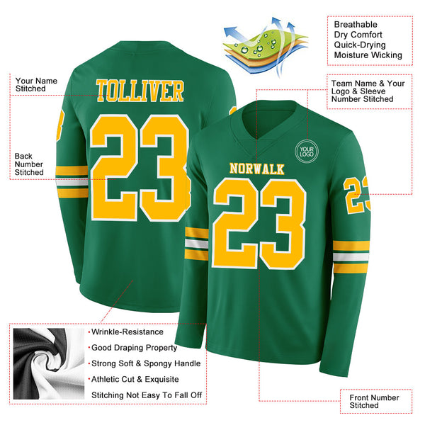Custom Kelly Green Gold-White Long Sleeve Authentic Football Jersey alternate