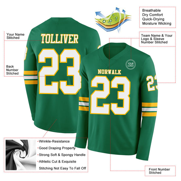 Custom Kelly Green White-Gold Long Sleeve Authentic Football Jersey alternate